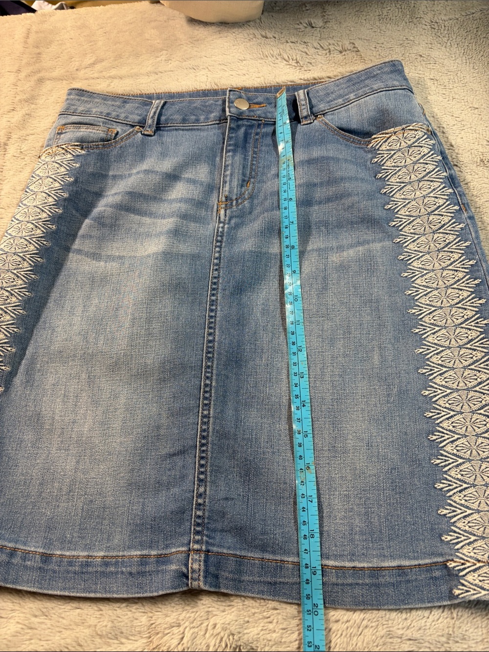 Westport Light Blue Denim A-Line Skirt with White Embroidery